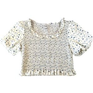 Arula Floral Smocked Crop Top Puff Sleeve Womens 18-20 White Blue Cottagecore